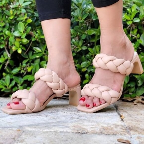 Shoes - Women's Nude Double Braided‎ Square Toe Mule Low Heel Sandal